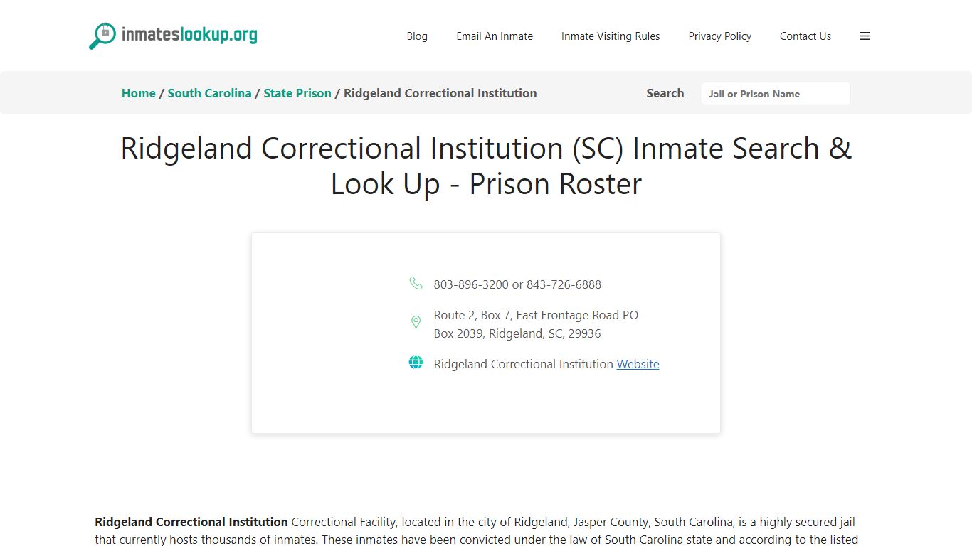 Ridgeland Correctional Institution (SC) Inmate Search & Look Up ...