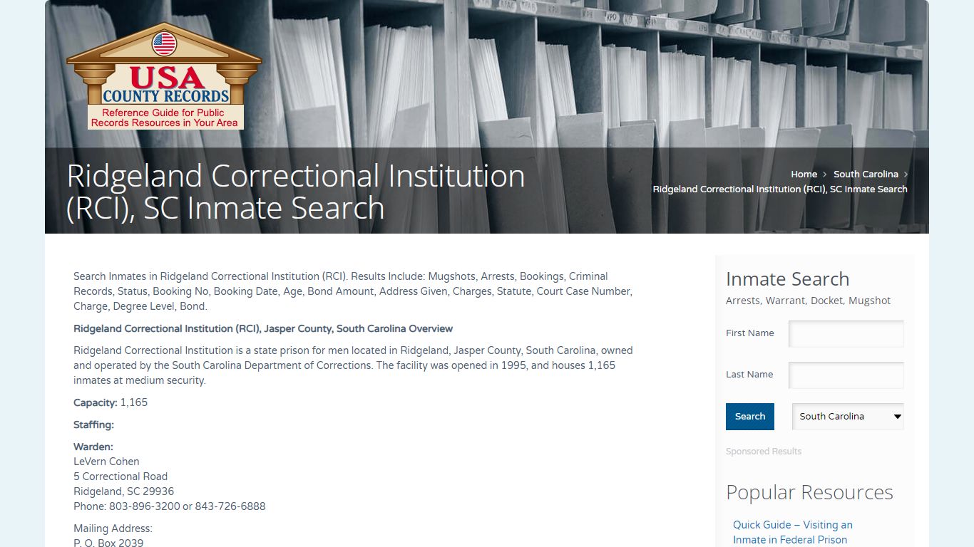 Ridgeland Correctional Institution (RCI), SC Inmate Search